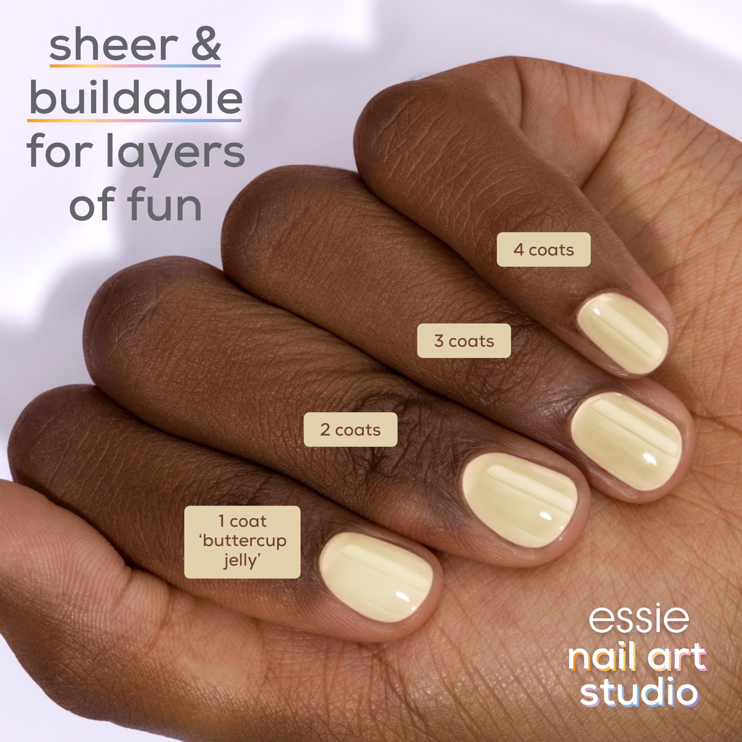 essie painted nails swatch displaying sheer yellow buildable coverage