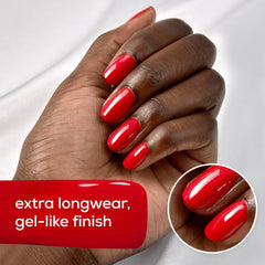 flatlay of essie bottle and top coat showing size and two-step system benefits