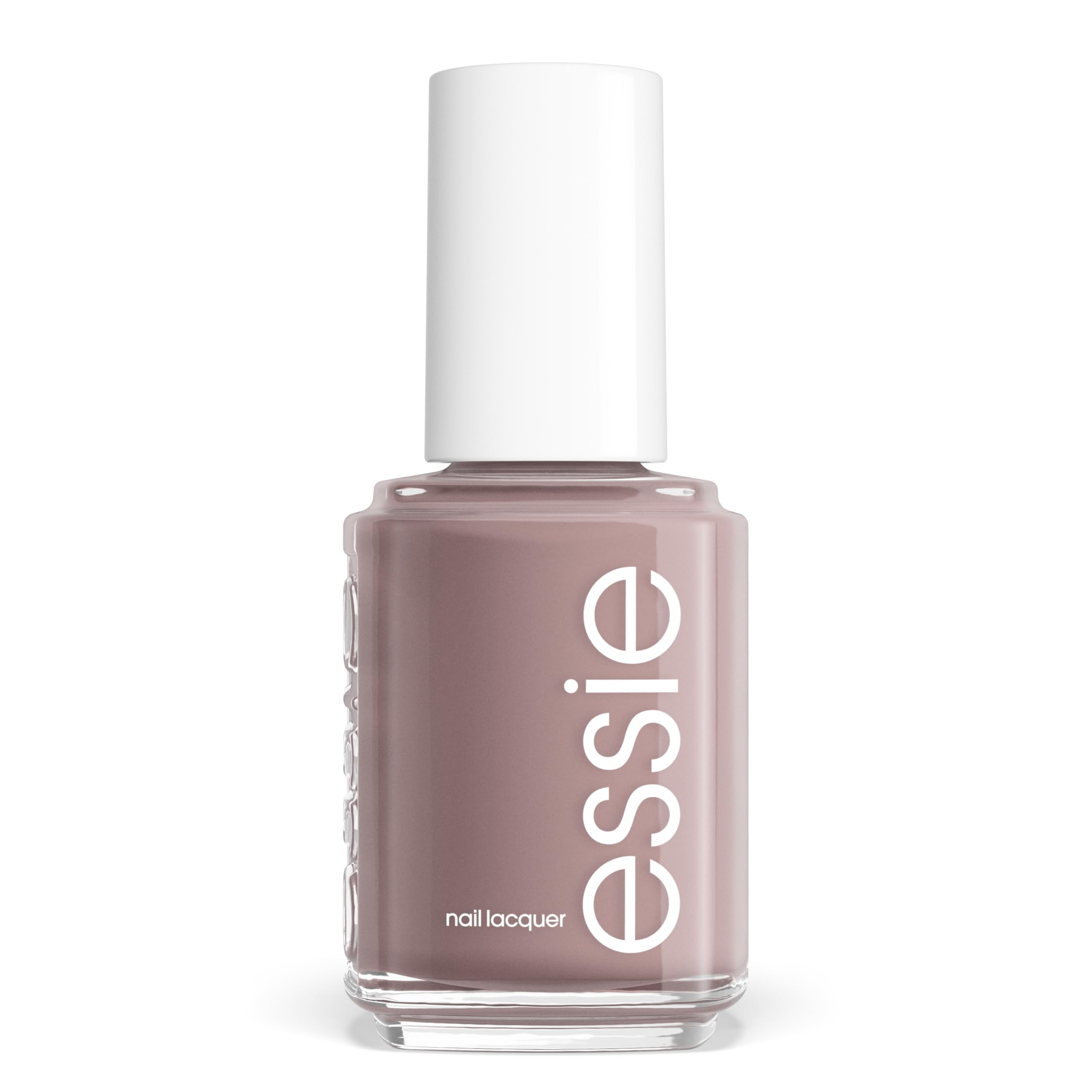 essie front bottle showing grey-nude shade and neat packaging benefit: clear color preview