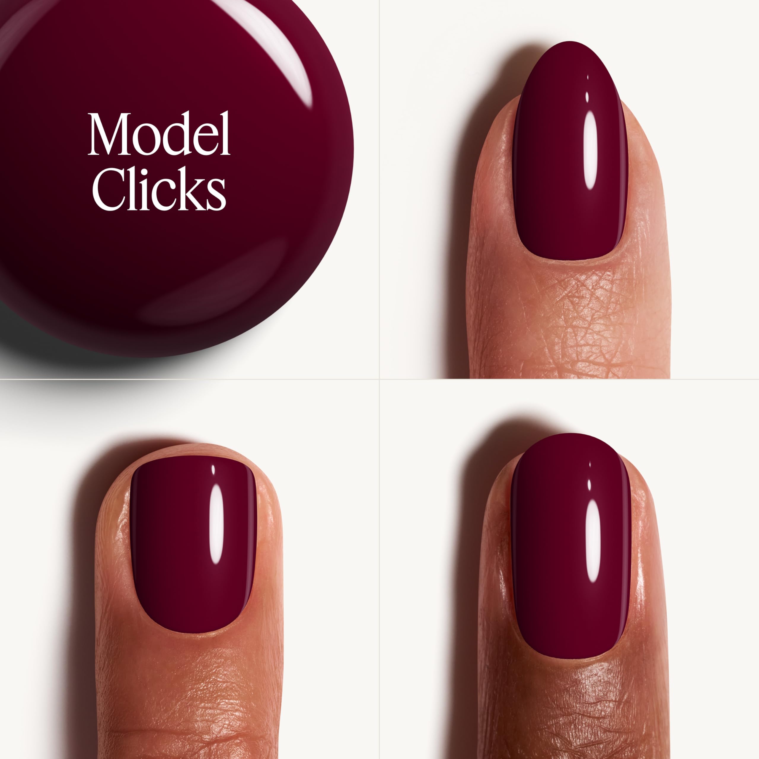 essie Clicks swatch on nail wheel illustrating rich pigmentation and smooth finish
