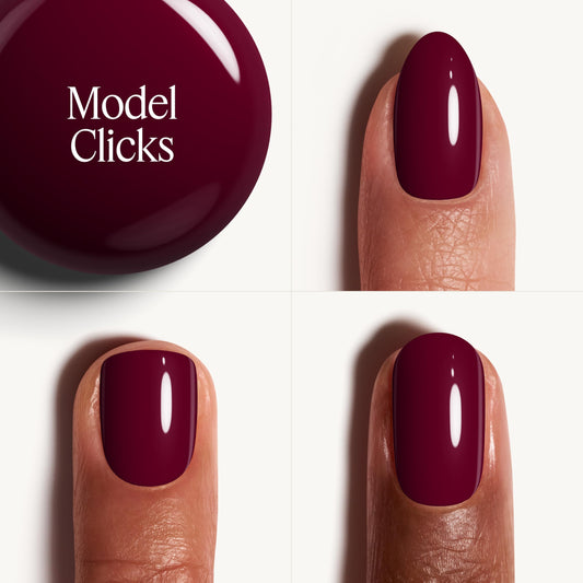 essie Clicks swatch on nail wheel illustrating rich pigmentation and smooth finish