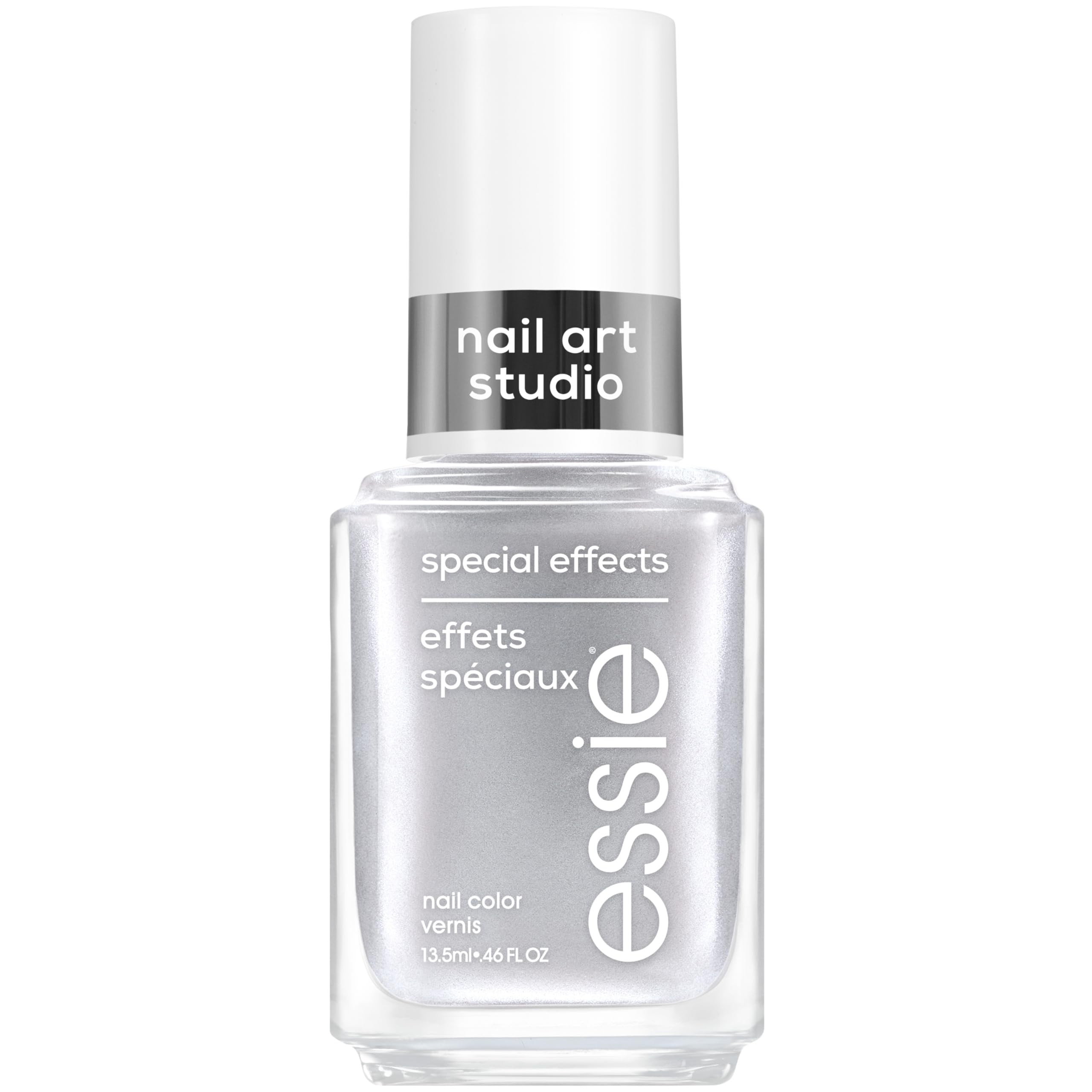 essie Cosmic Chrome front bottle view showing reflective silver finish and label benefit