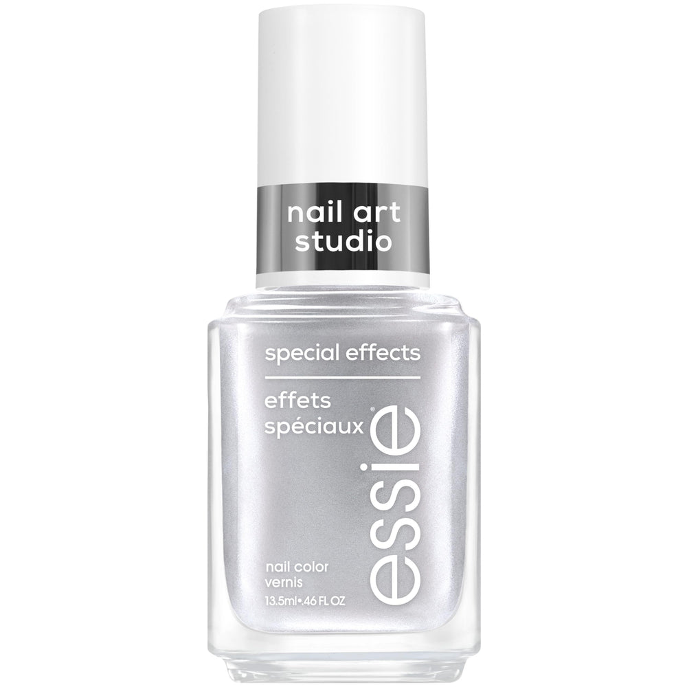 essie Cosmic Chrome front bottle view showing reflective silver finish and label benefit