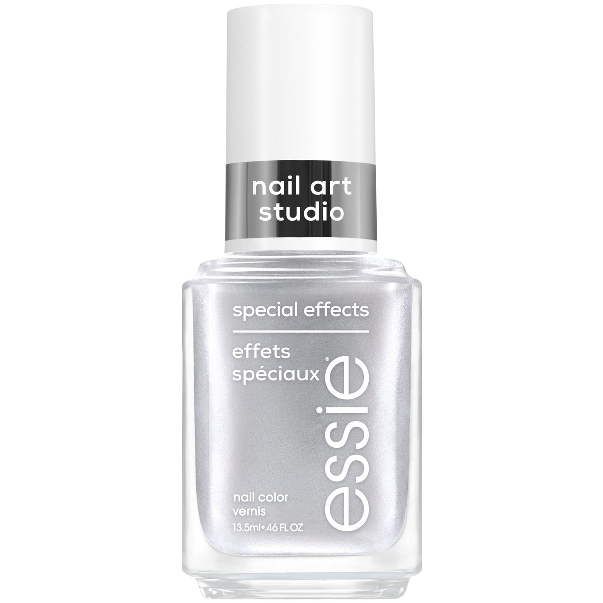 essie Cosmic Chrome front bottle view showing reflective silver finish and label benefit