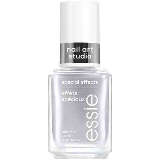 essie Cosmic Chrome front bottle view showing reflective silver finish and label benefit