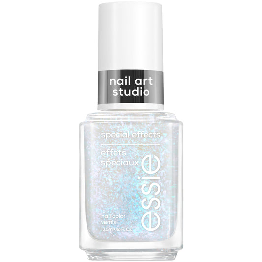 essie front bottle showing blue pearlescent polish and product label benefit of multidimensional shine