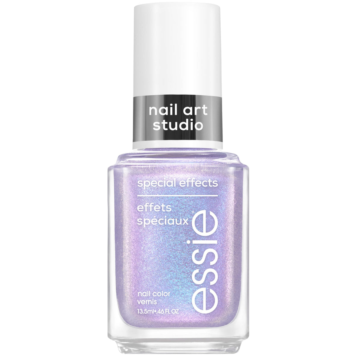 essie bottle front view showing purple shimmer and vibrant finish