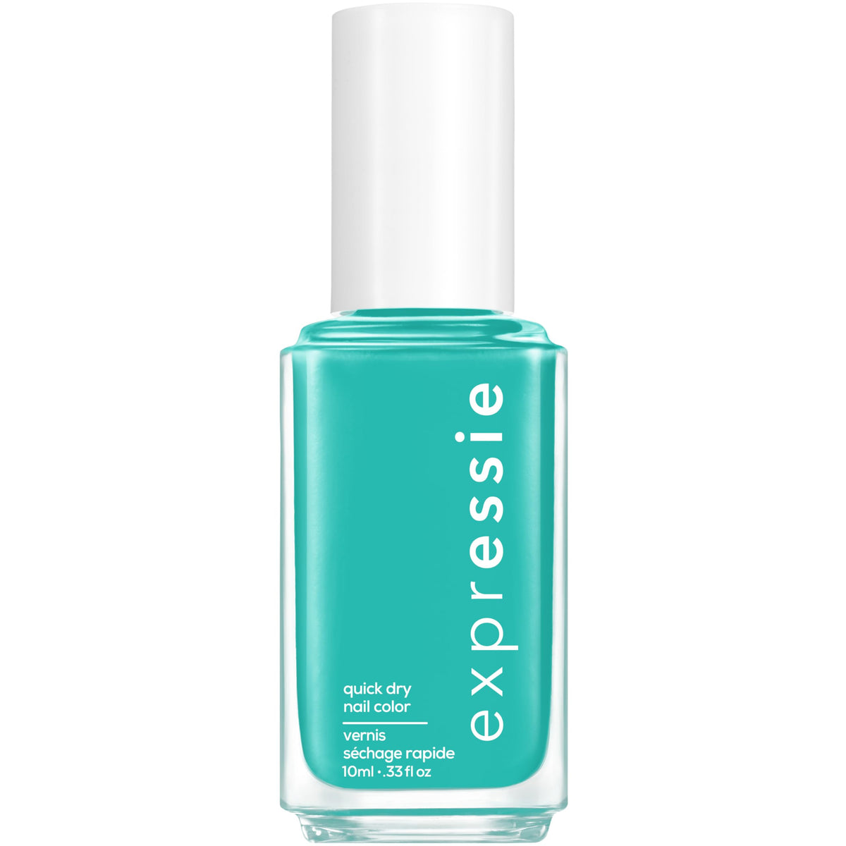 essie Expressie bottle front view showing teal shade and label, fast application benefit