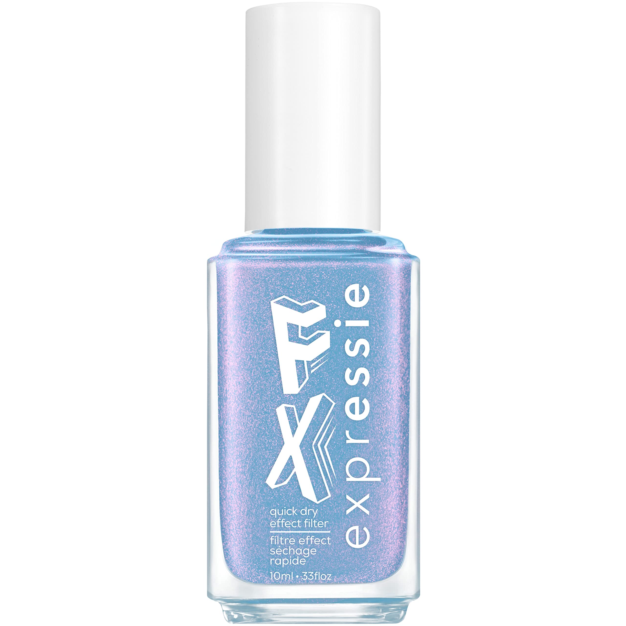 essie bottle front view showing frosty blue glitter finish benefit quick style