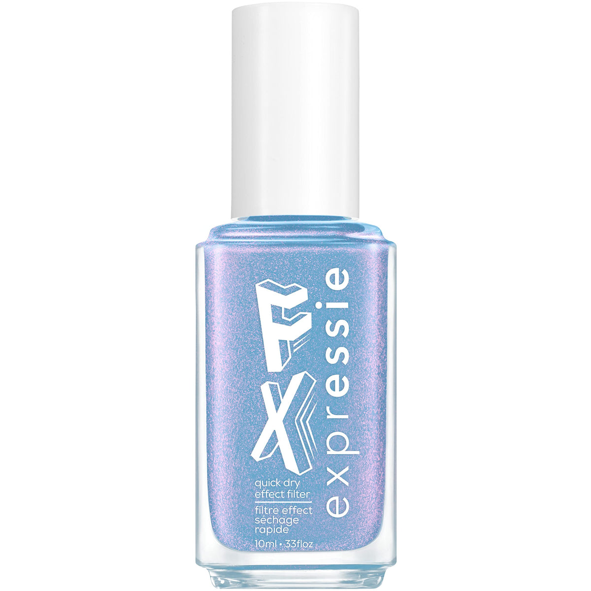 essie bottle front view showing frosty blue glitter finish benefit quick style