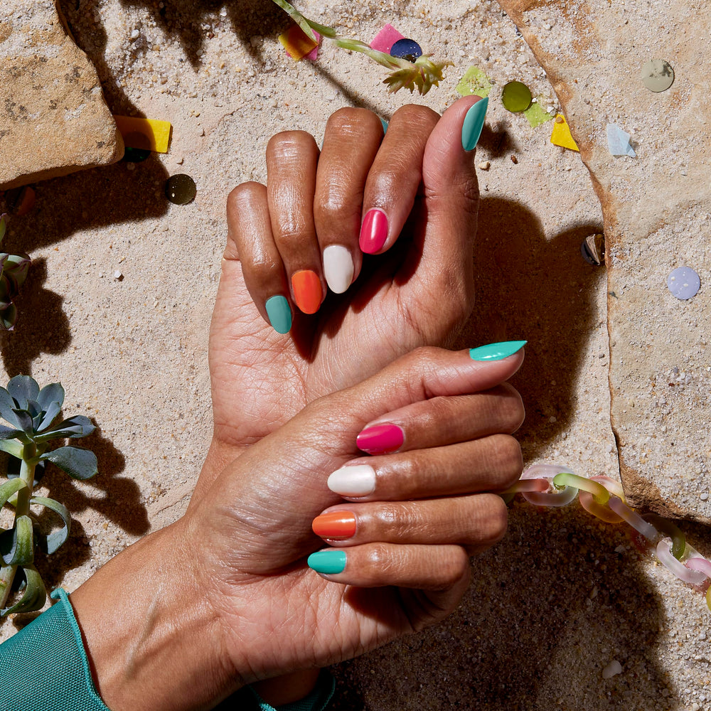 essie Expressie swatch on fingers showing opaque color and quick-dry benefit
