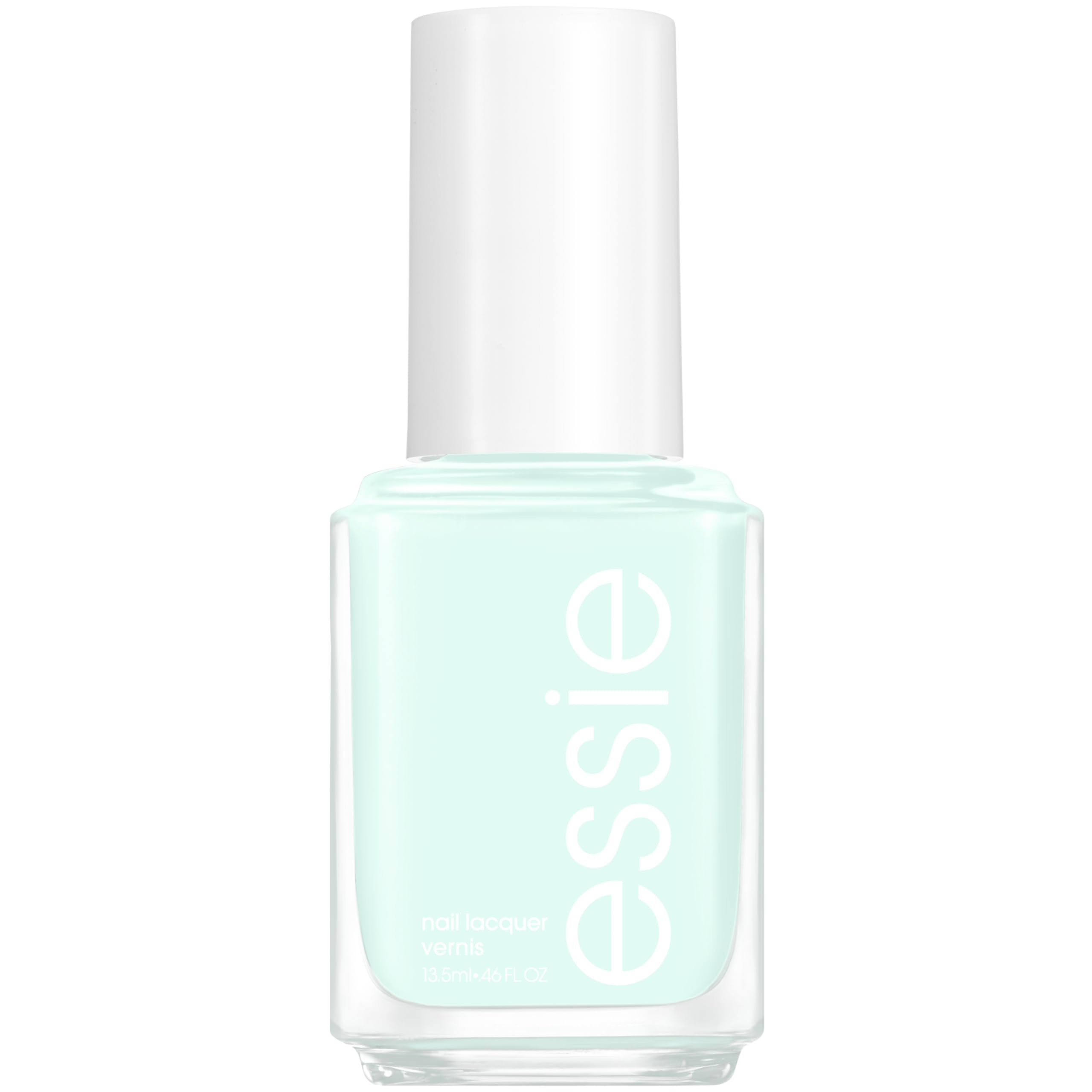 essie bottle front view showing mint green polish and glossy benefit