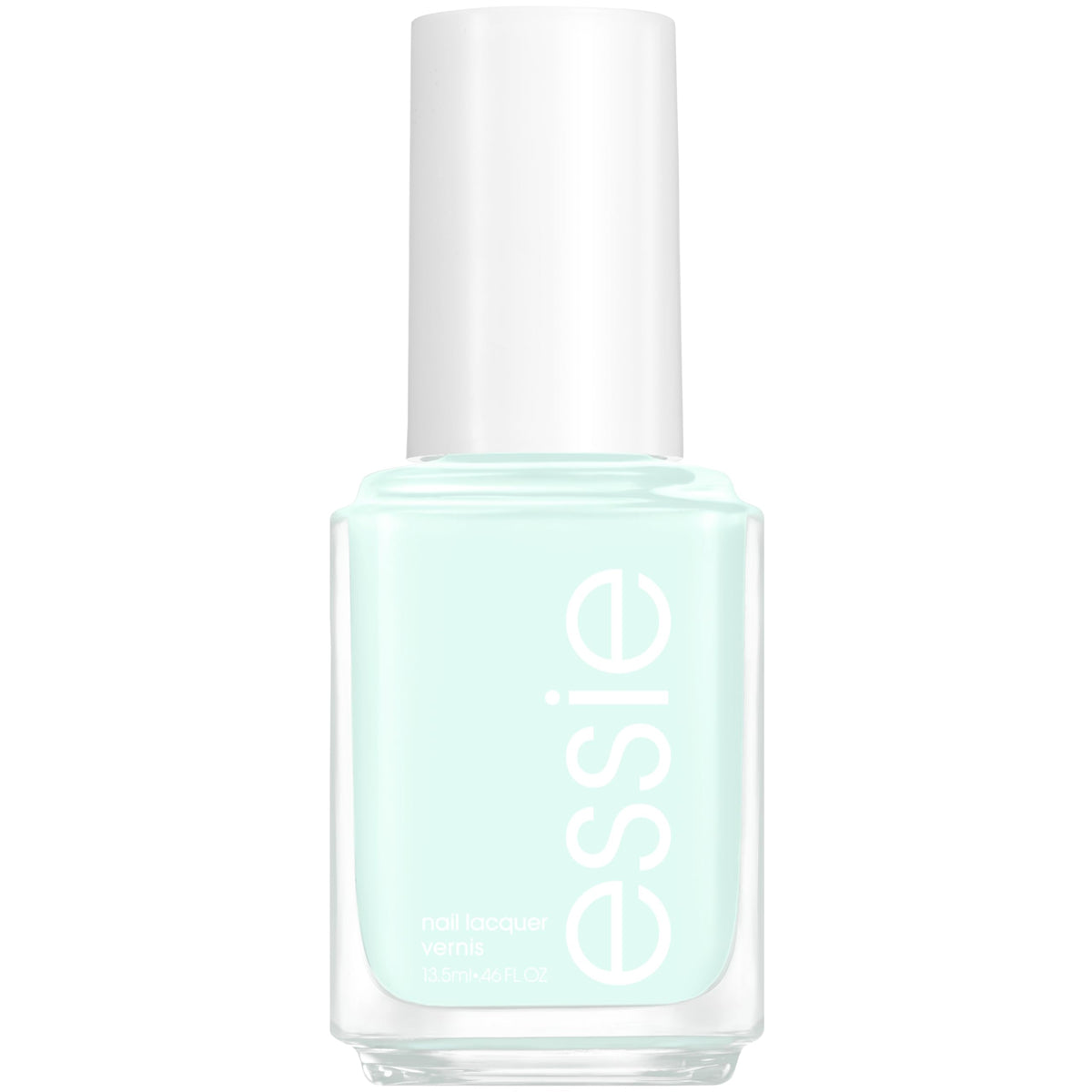 essie bottle front view showing mint green polish and glossy benefit