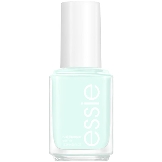 essie bottle front view showing mint green polish and glossy benefit