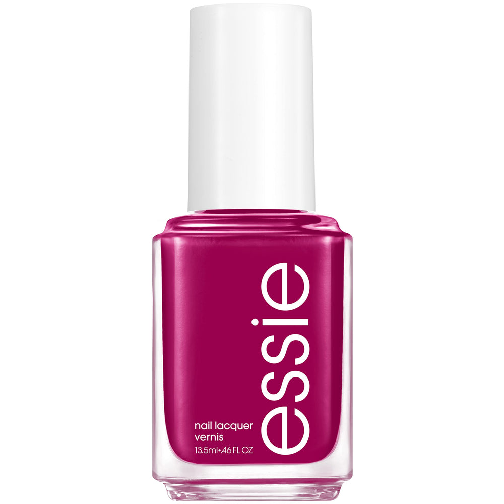 essie bottle front view showing vibrant plum color and glossy benefit