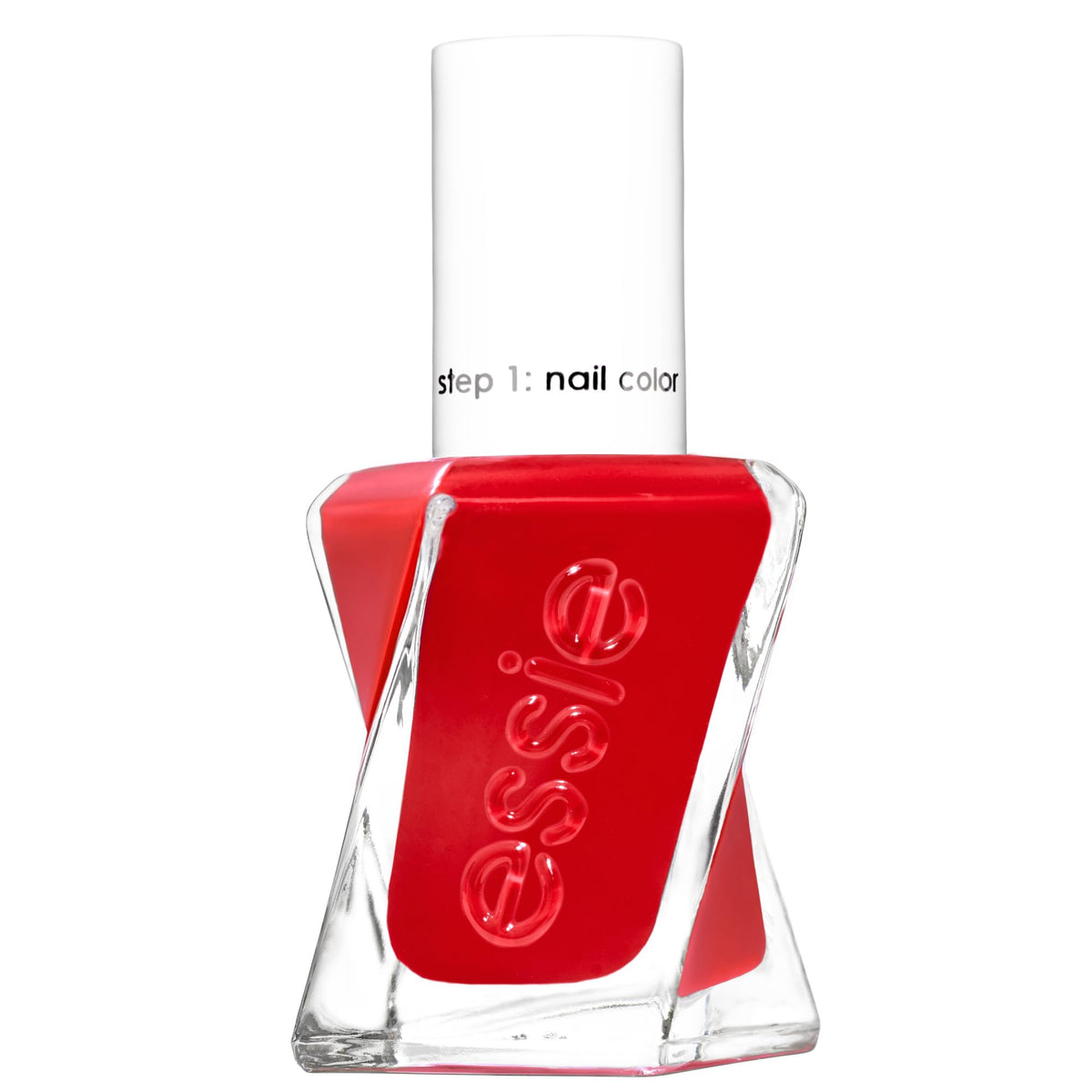 essie Gel Couture front bottle showing scarlet red shade and brand for confident color