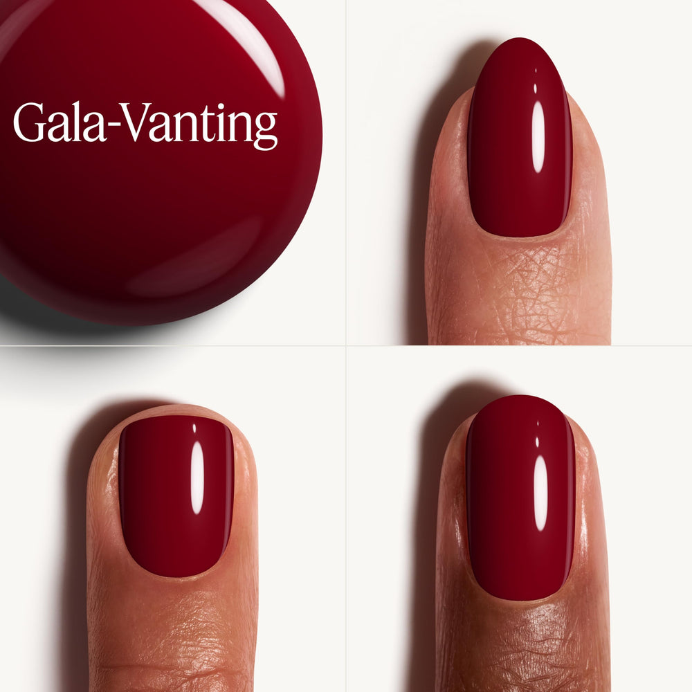 essie brush stroke of gala-vanting red showing smooth coverage benefit: even opaque color