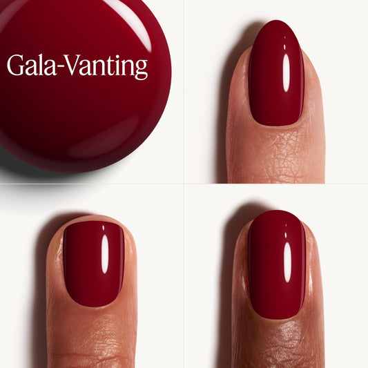 essie brush stroke of gala-vanting red showing smooth coverage benefit: even opaque color