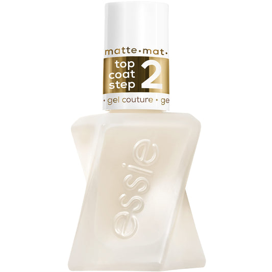 essie clear matte top coat bottle front showing size and sleek design benefits