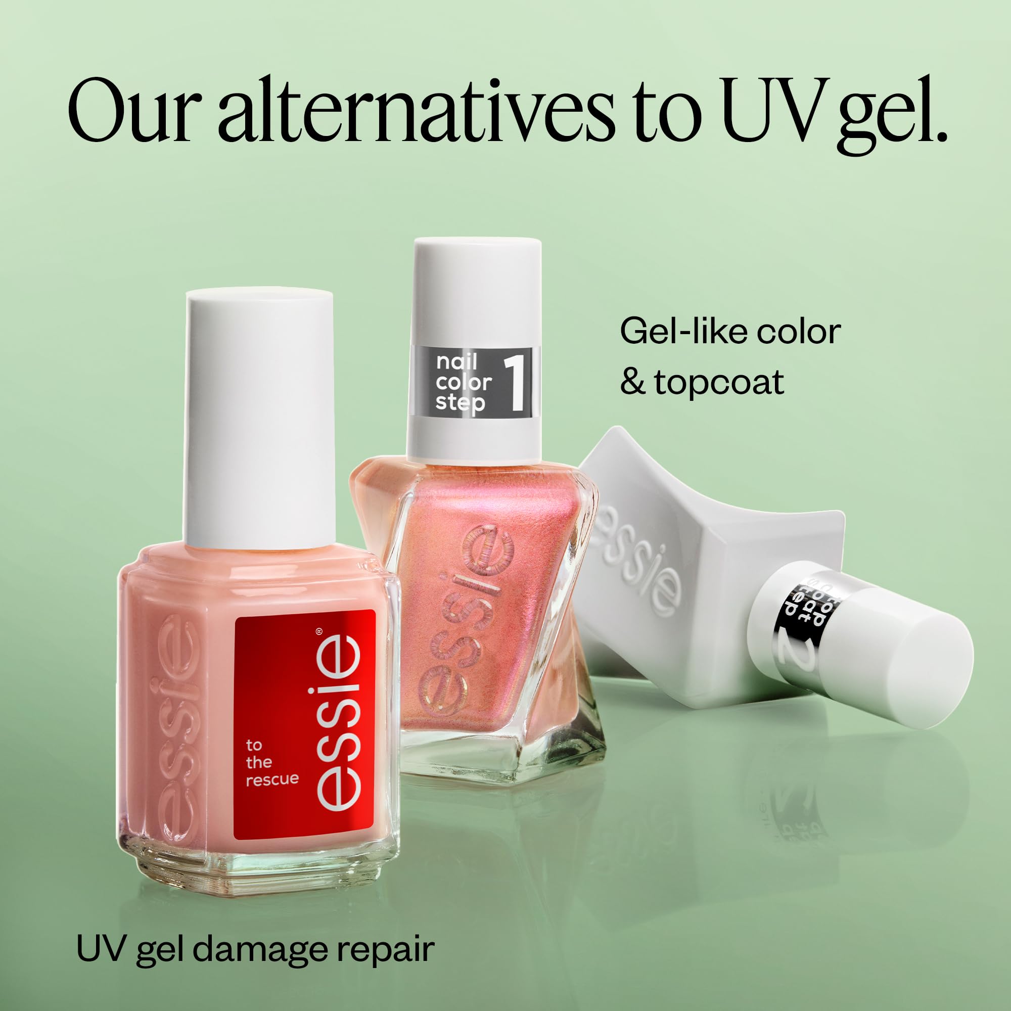 essie label close-up highlighting vegan 8-free formula and quality benefit