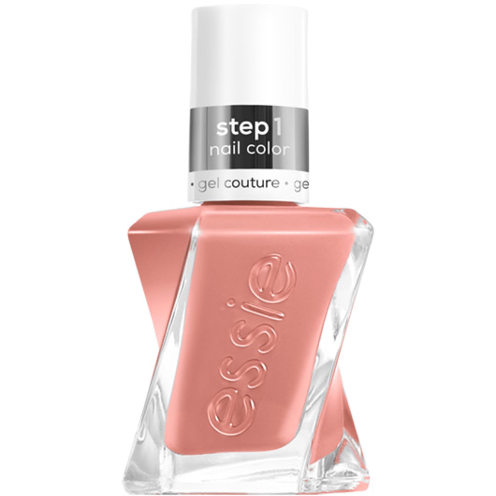 essie Gel Couture front bottle showing rose pink nude shade and product benefit