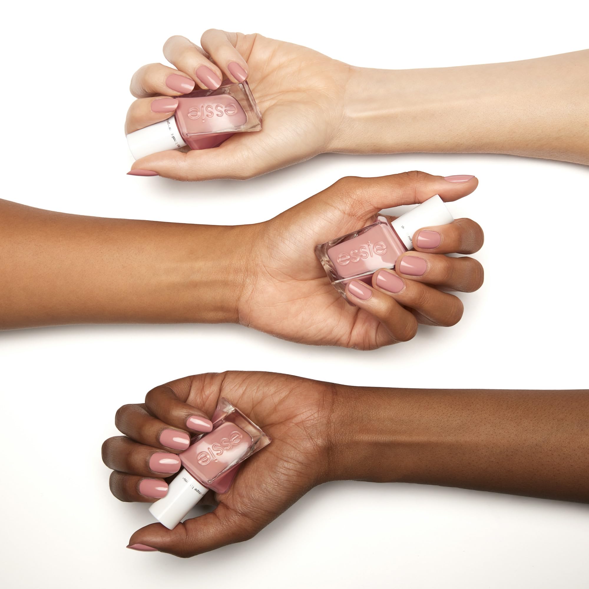 essie on-model hand with Pinned Up swatch showcasing longwear glossy finish benefit