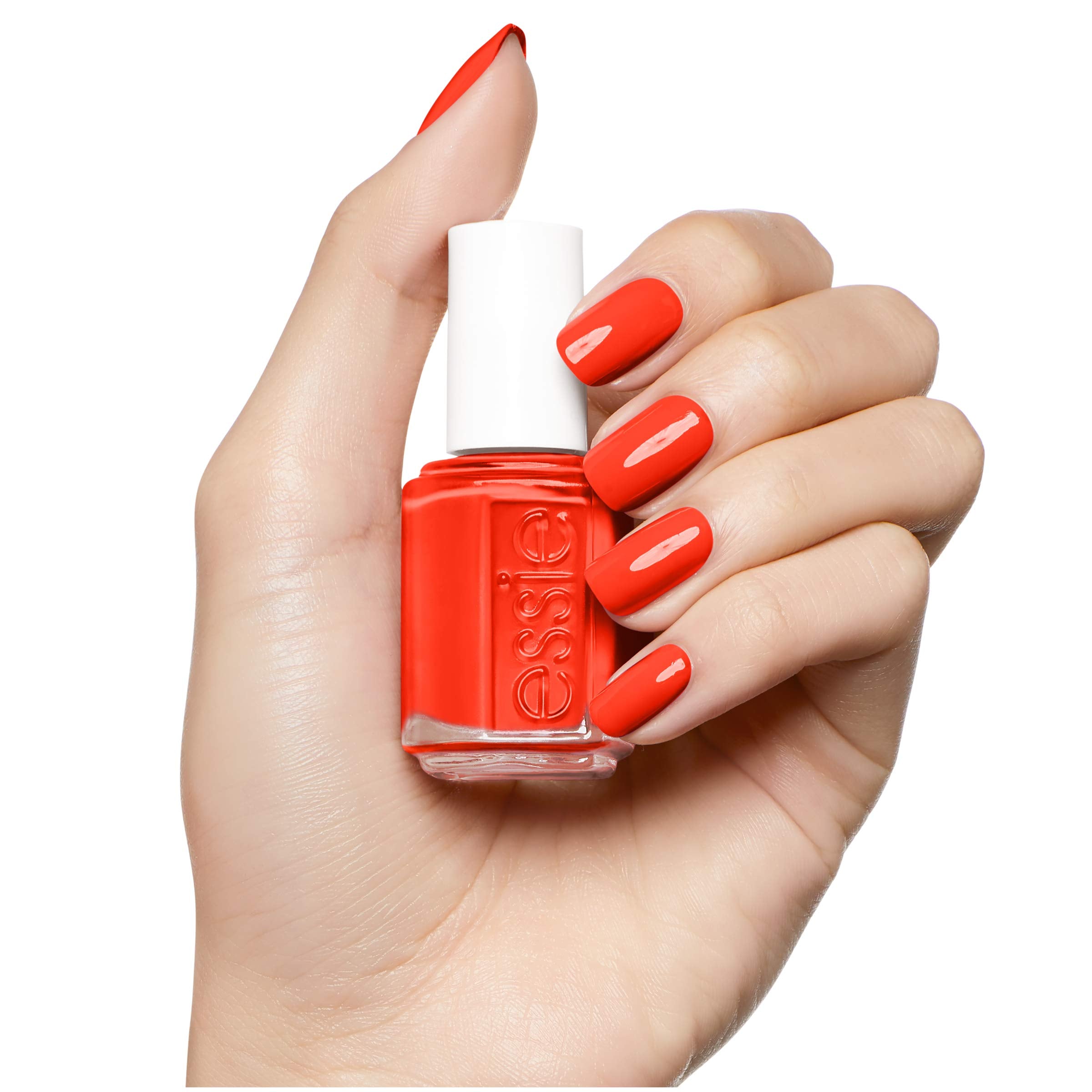 essie Geranium texture on a nail close-up showing cream finish benefit
