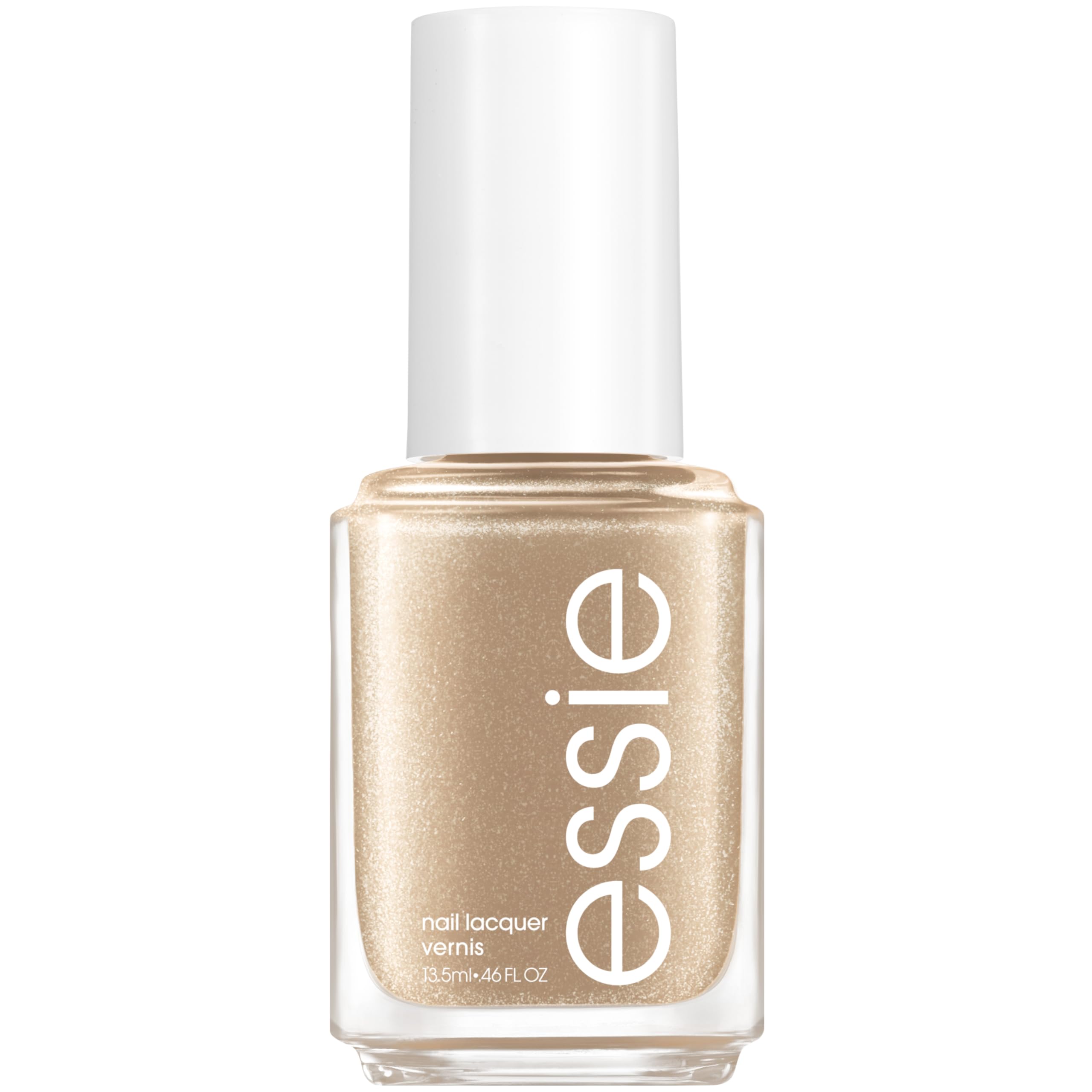 essie bottle front view showing reflective gold finish and glossy benefit