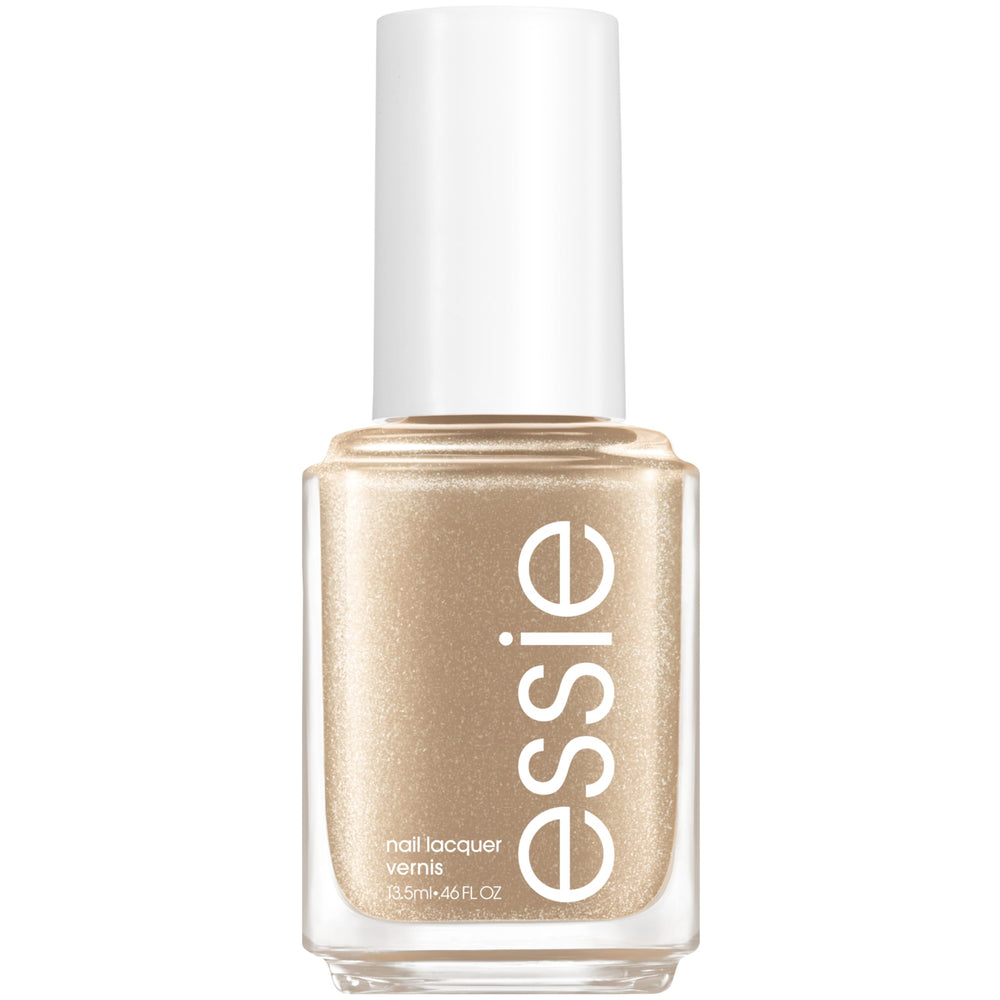 essie bottle front view showing reflective gold finish and glossy benefit