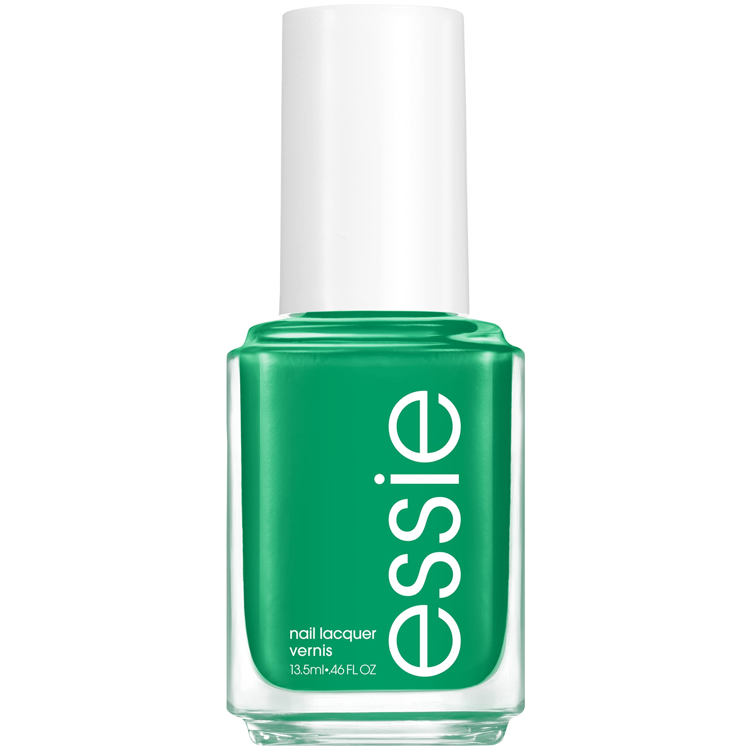 essie bottle front view showing grassy green shade and glossy finish benefit