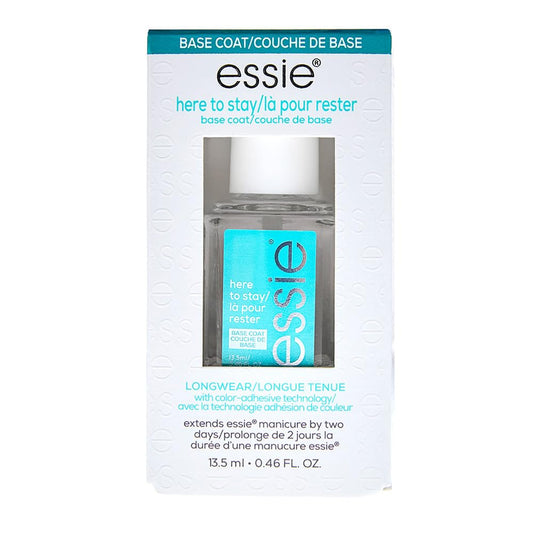 essie Here To Stay front bottle showing clear base coat and branding benefit longwear