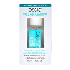 essie Here To Stay front bottle showing clear base coat and branding benefit longwear