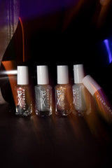 essie before-and-after on dark polish showing enhanced holographic effect