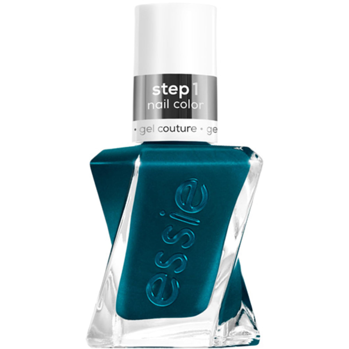essie front packaging showing teal bottle and clear label, highlights professional finish