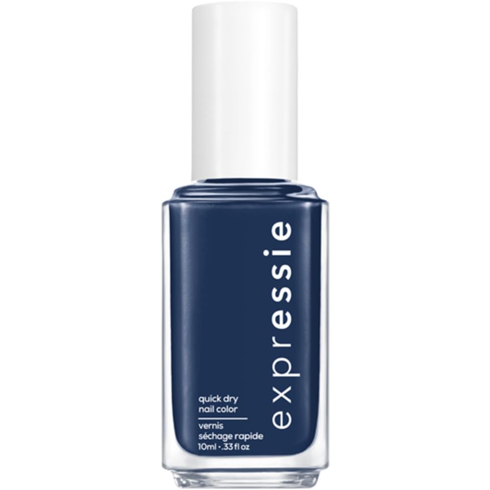 essie front bottle showing navy Left On Shred and glossy finish benefit