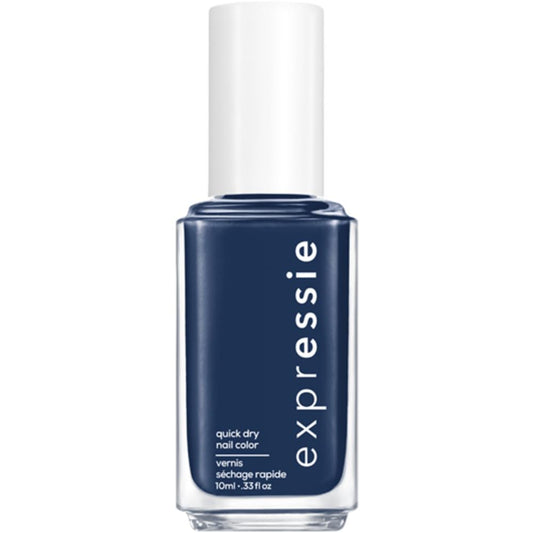 essie front bottle showing navy Left On Shred and glossy finish benefit