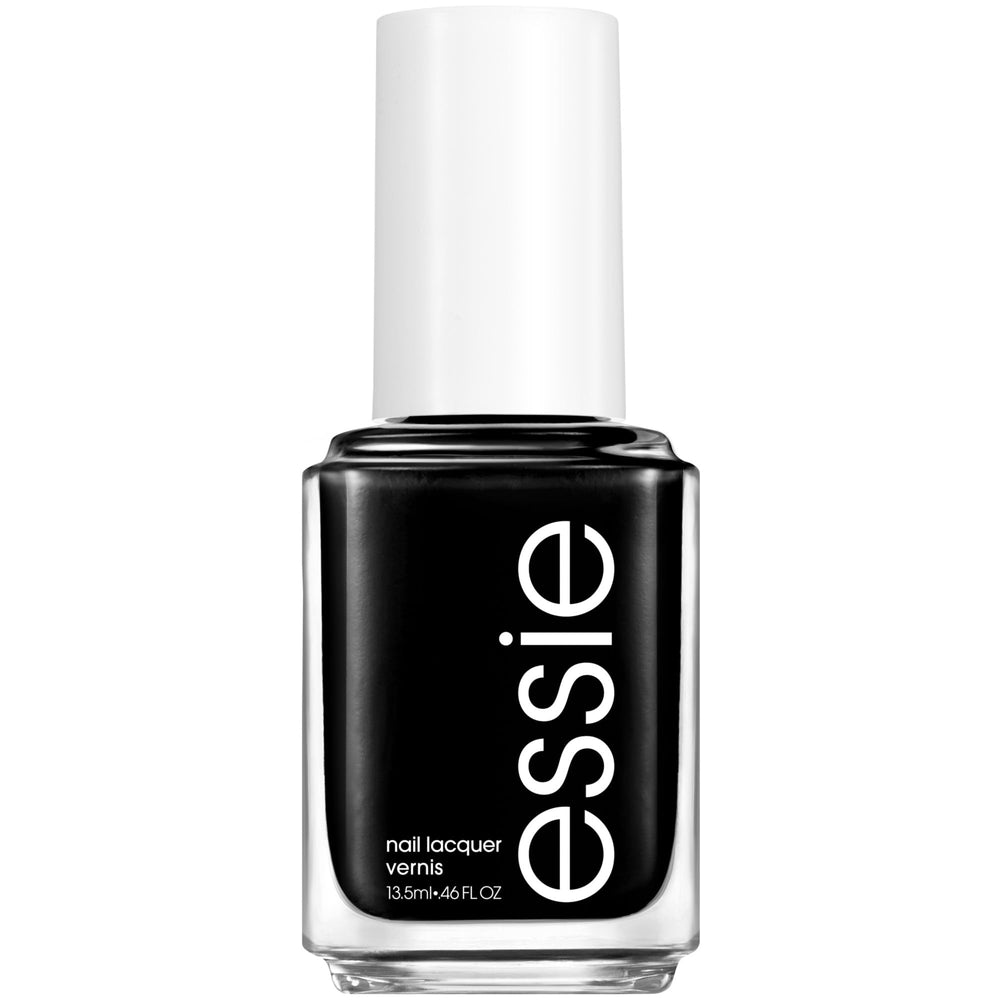 essie Licorice front bottle showing glossy jet-black polish and volume