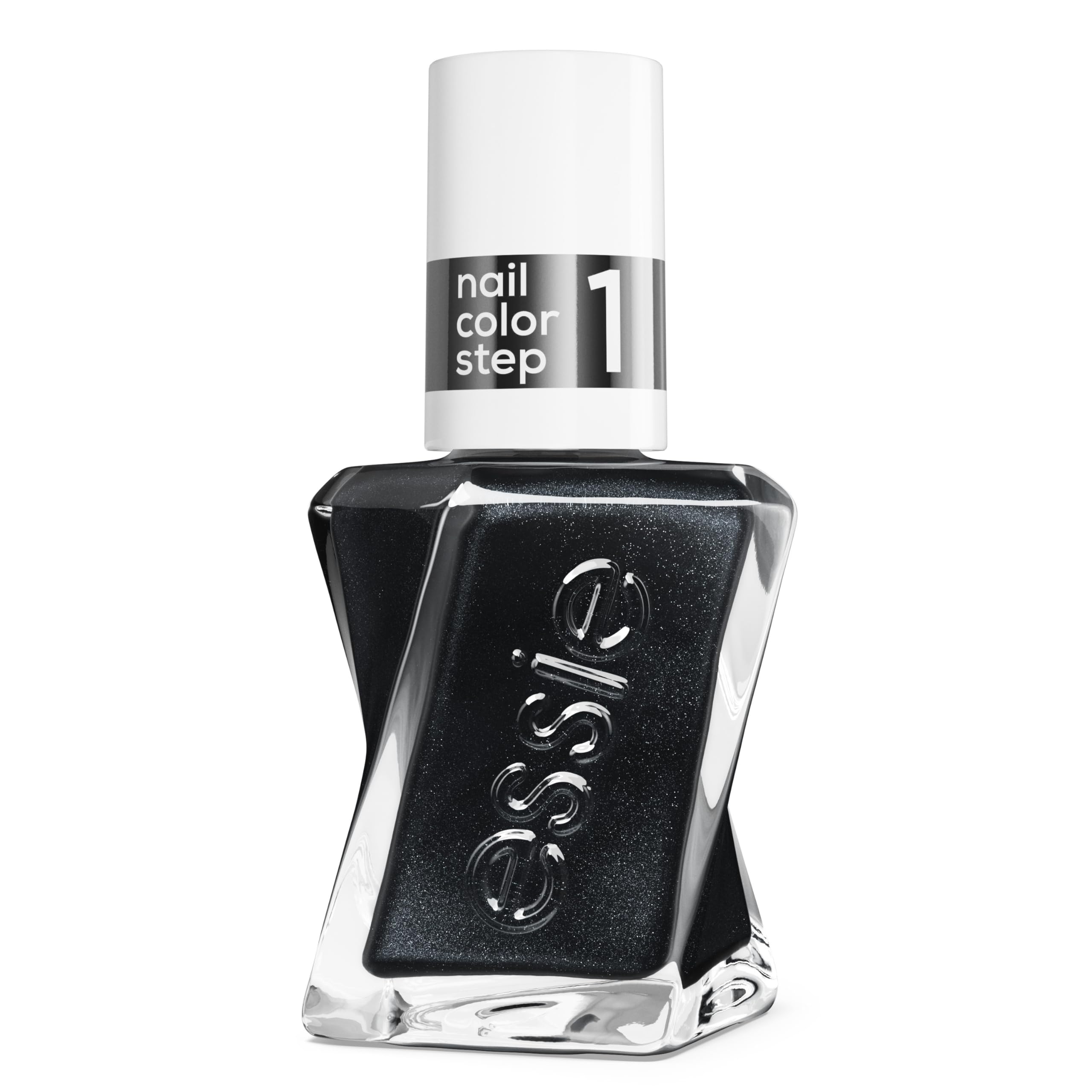 essie Liquid Diamonds front bottle showing diamond-dusted black polish and brand