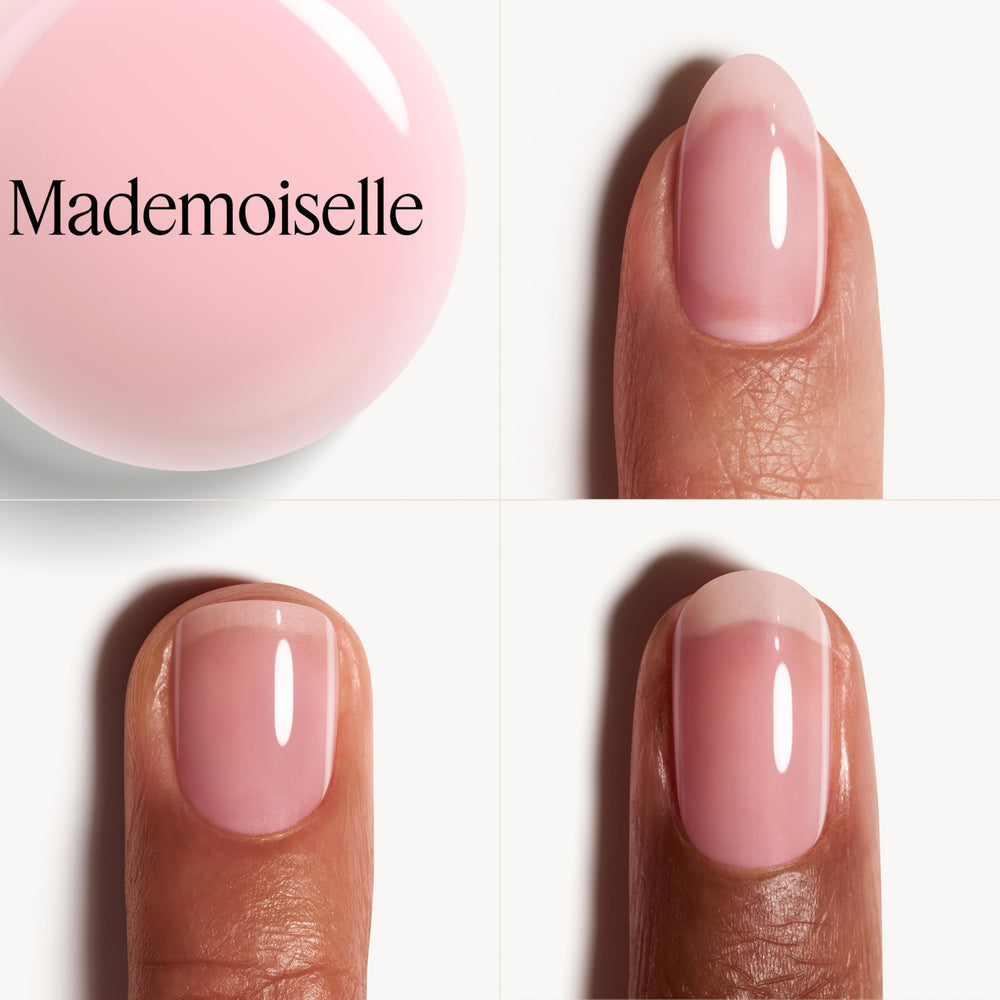 Essie Mademoiselle swatch on nail wheels showing one and two-coat coverage benefit color choice