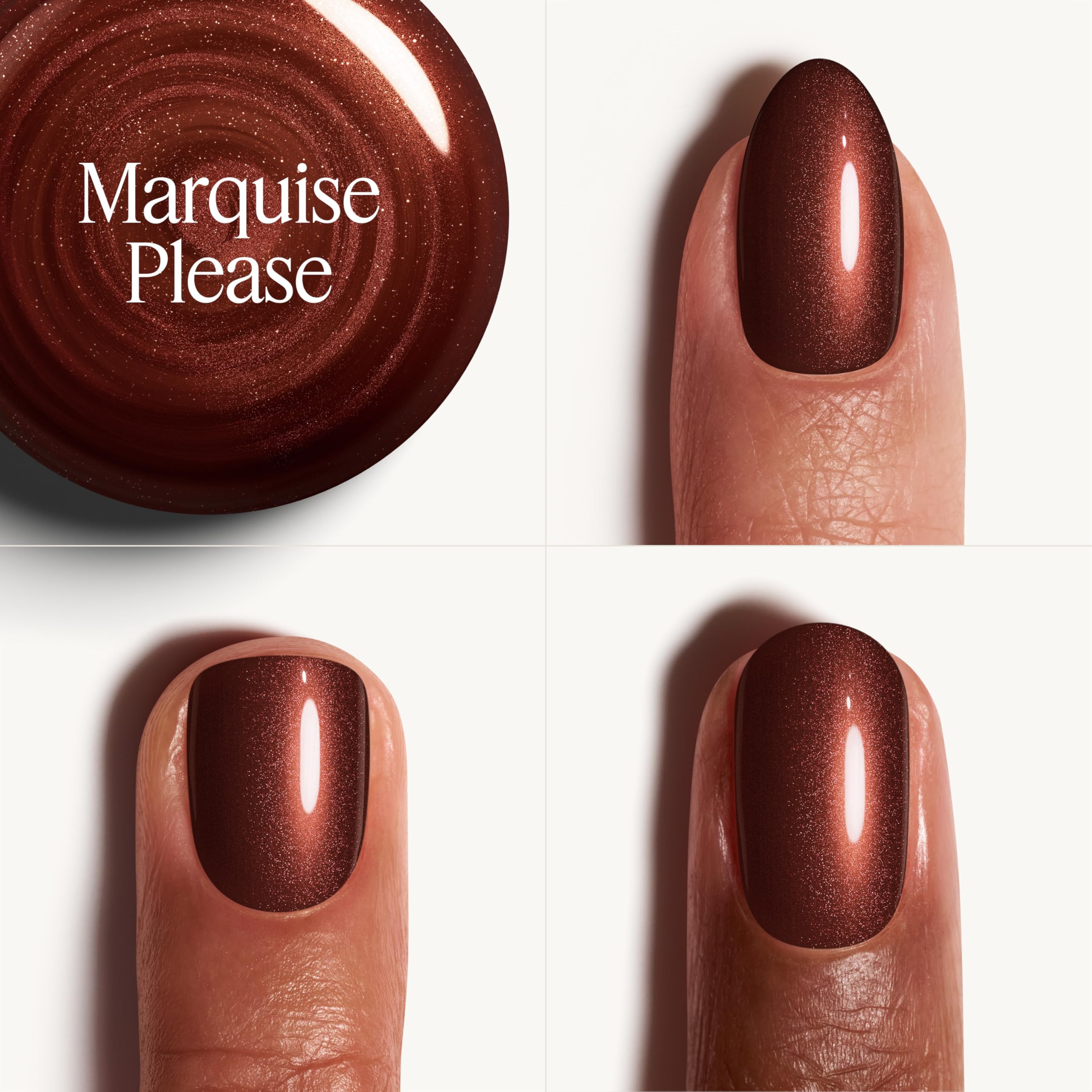 essie painted nails in studio lighting showing Marquise Please long-lasting shine