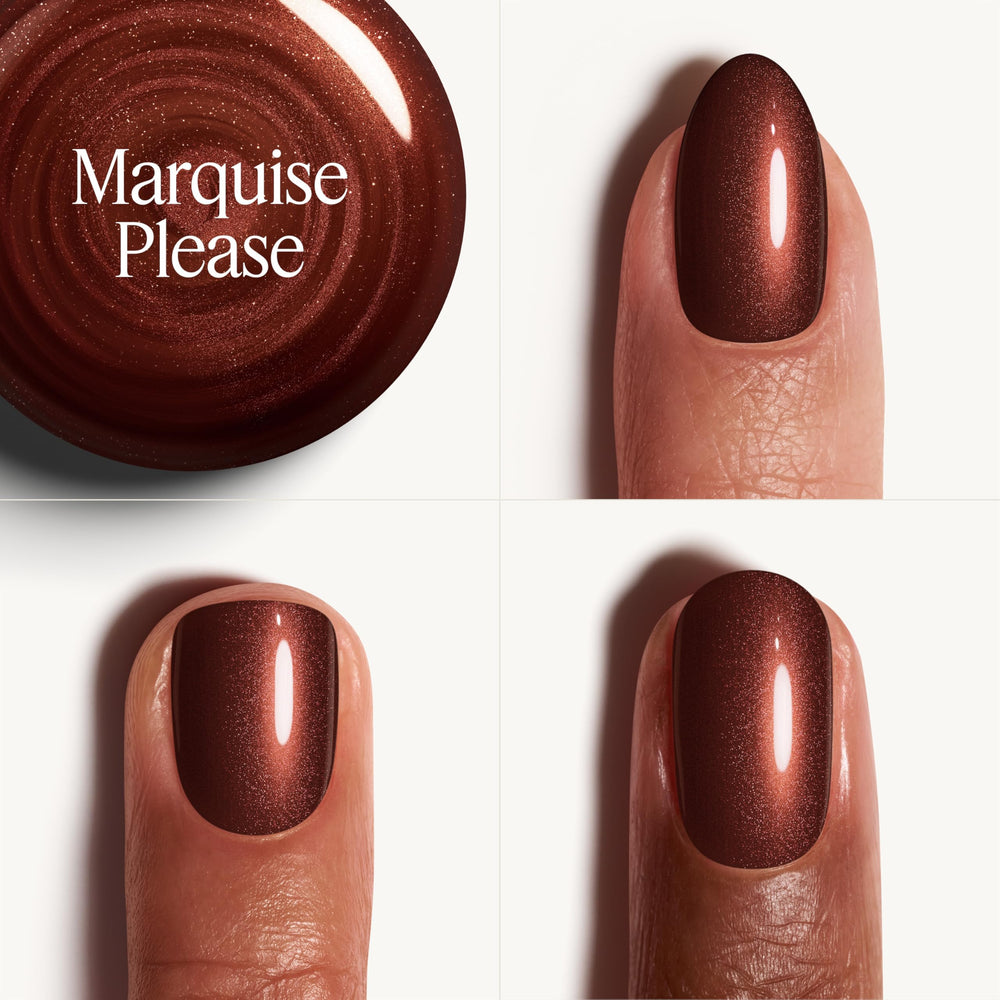 essie painted nails in studio lighting showing Marquise Please long-lasting shine