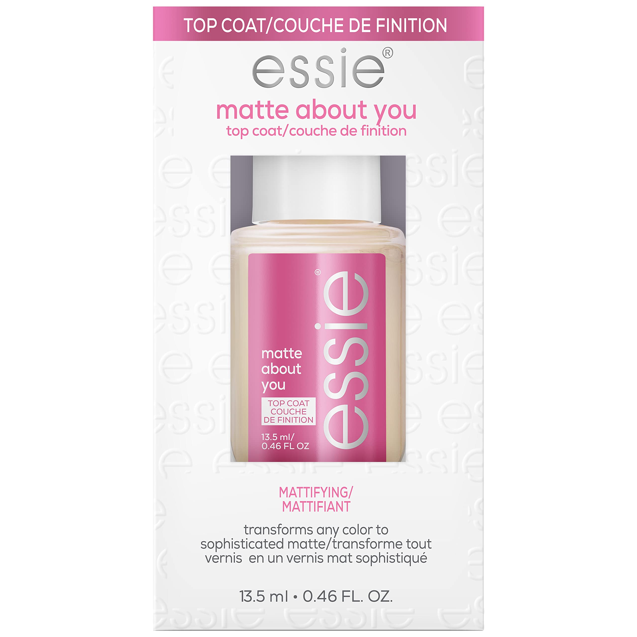 essie bottle front view showing matte top coat and travel-friendly size