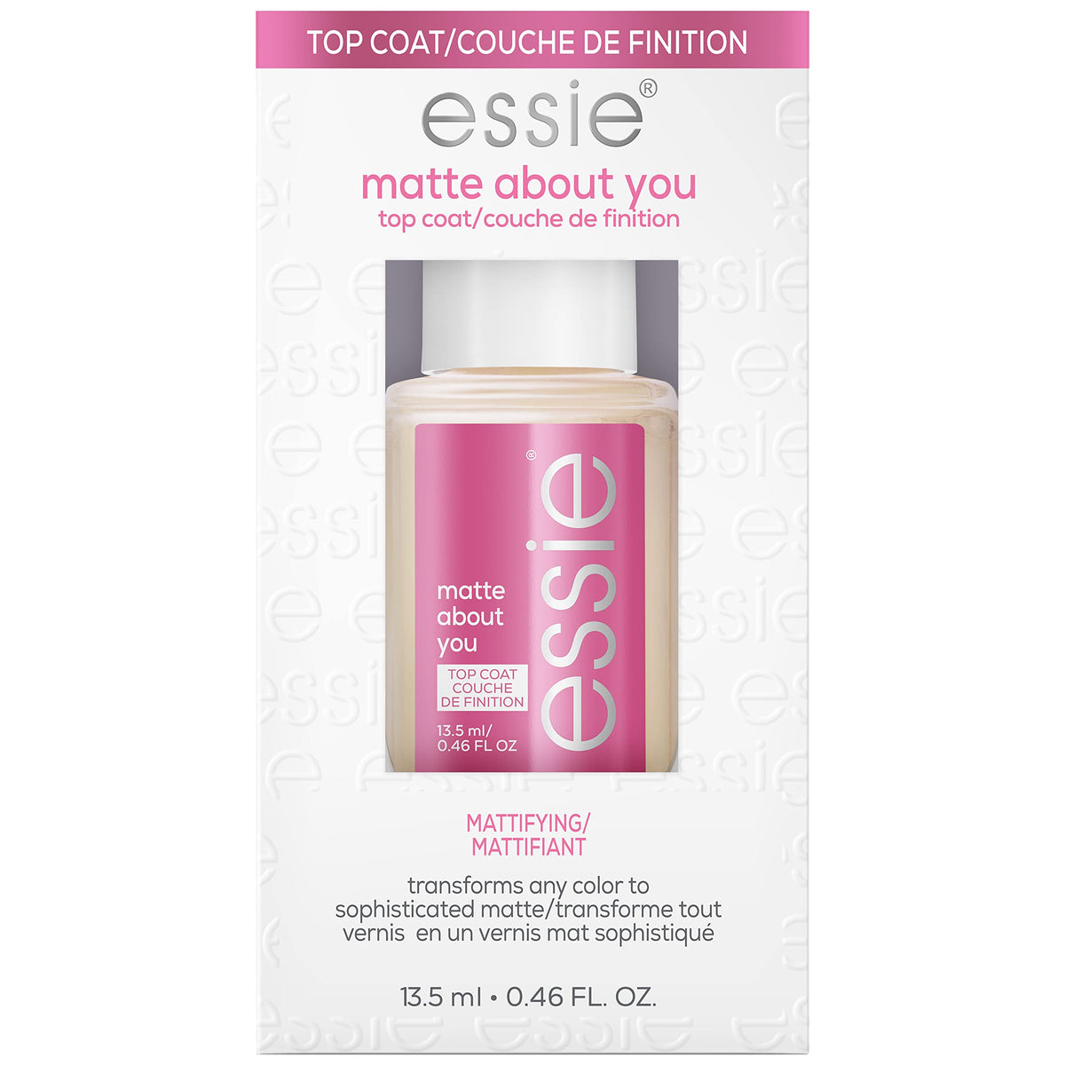 essie bottle front view showing matte top coat and travel-friendly size