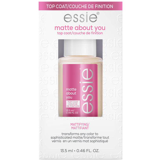 essie bottle front view showing matte top coat and travel-friendly size