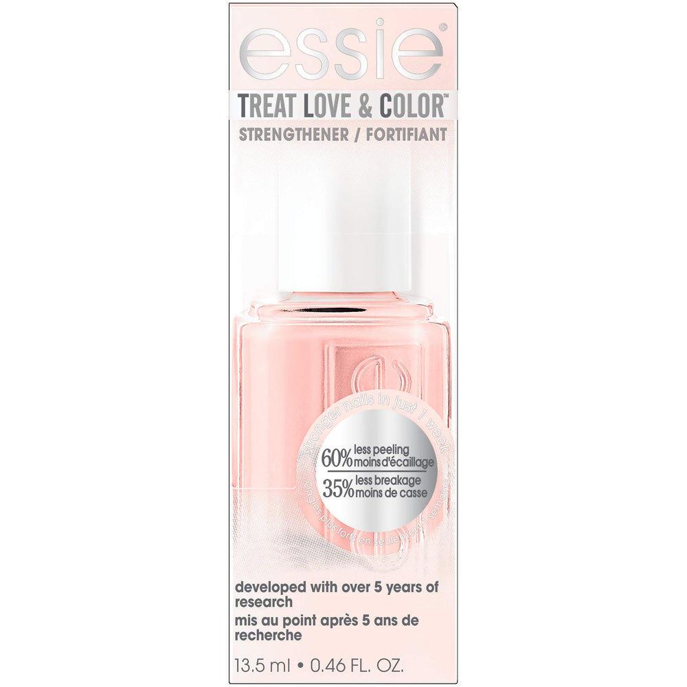 essie bottle front view showing Minimally Modest powdery pink and label benefit