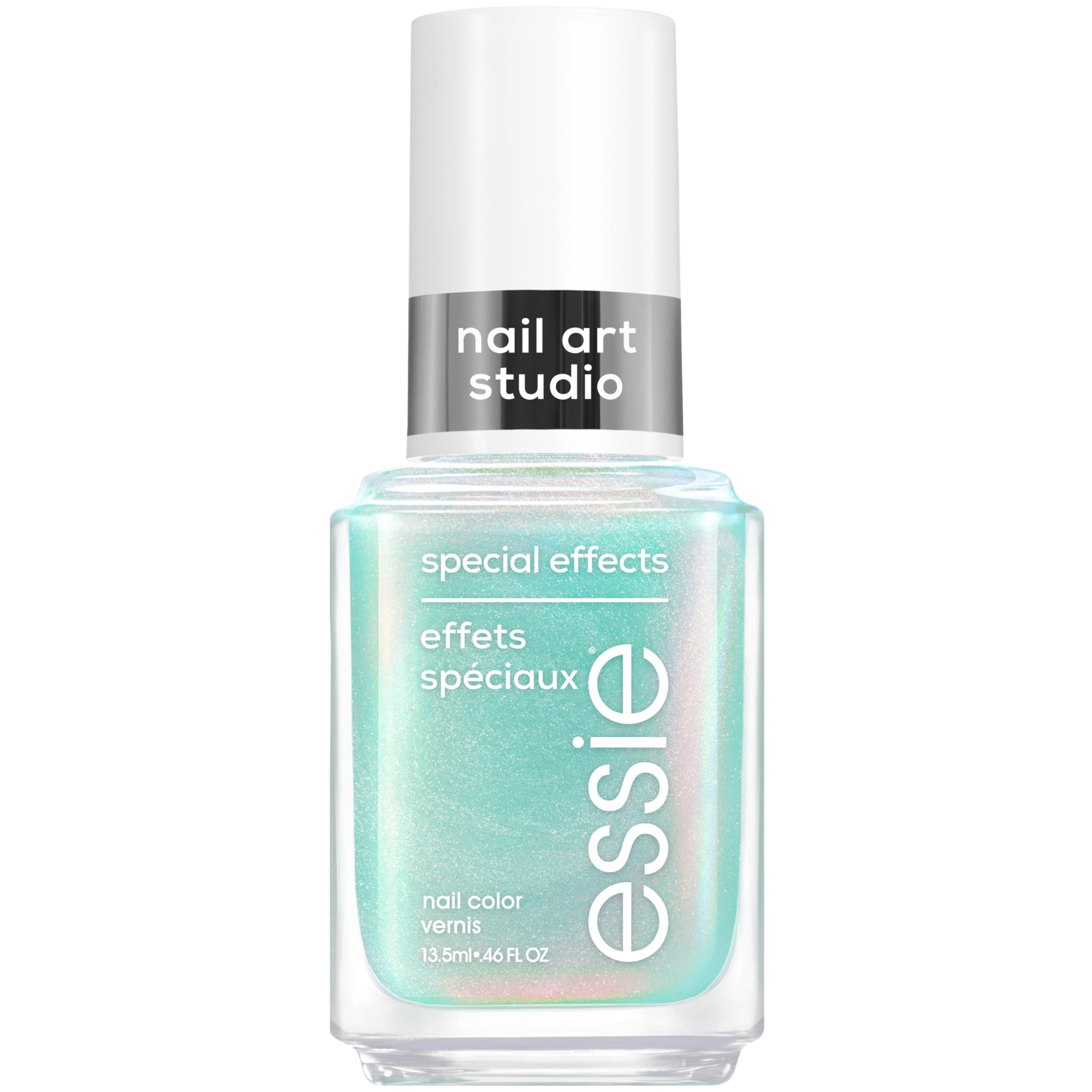 essie Mystic Marine bottle front view showing aqua chrome finish and brand
