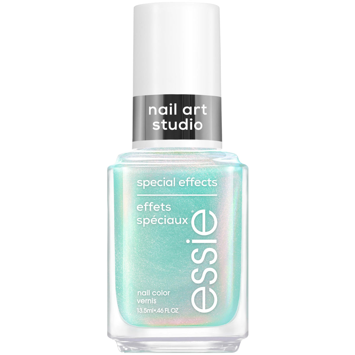 essie Mystic Marine bottle front view showing aqua chrome finish and brand