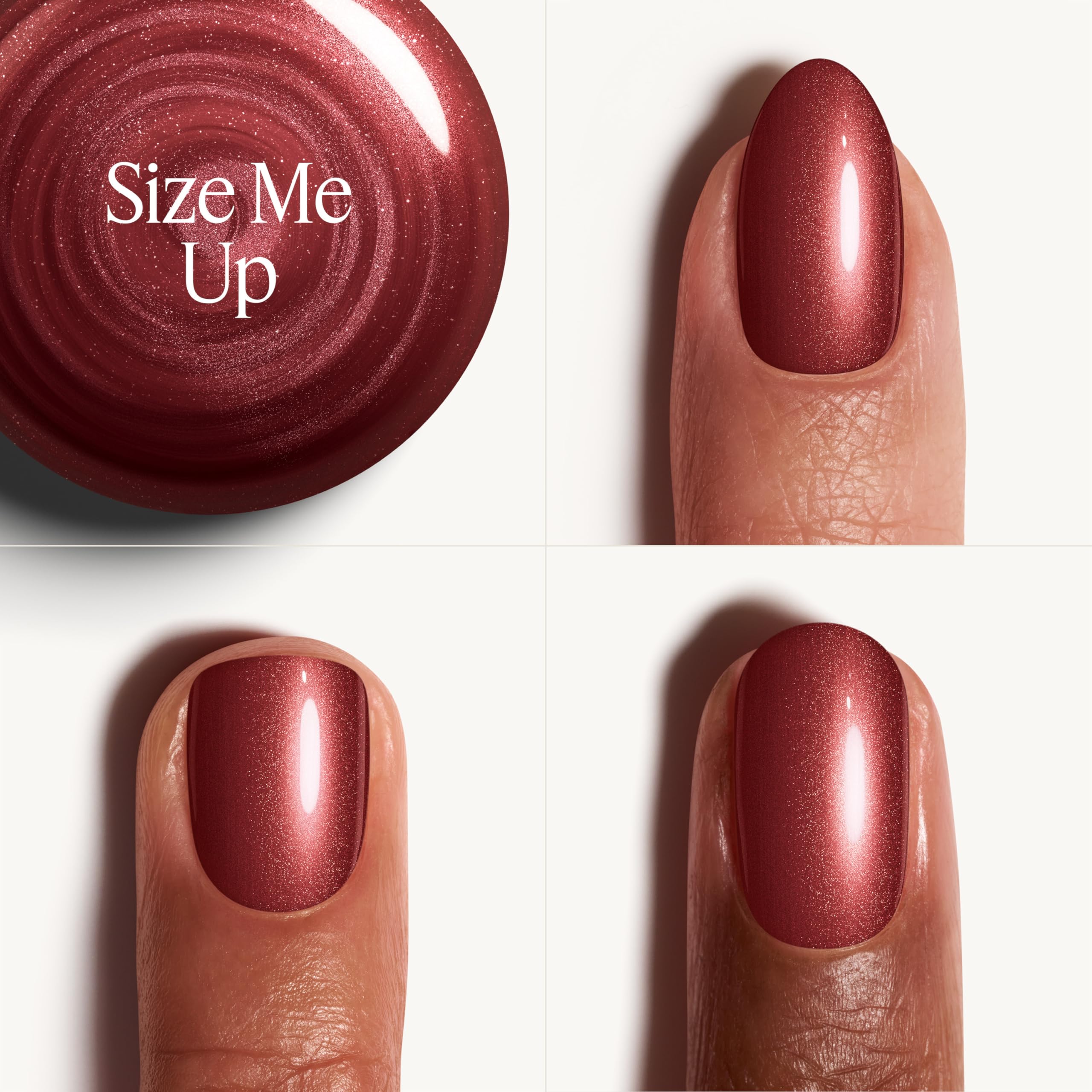 essie nail swatch two coats of Size Me Up showing opaque burgundy with blue-pearl sheen