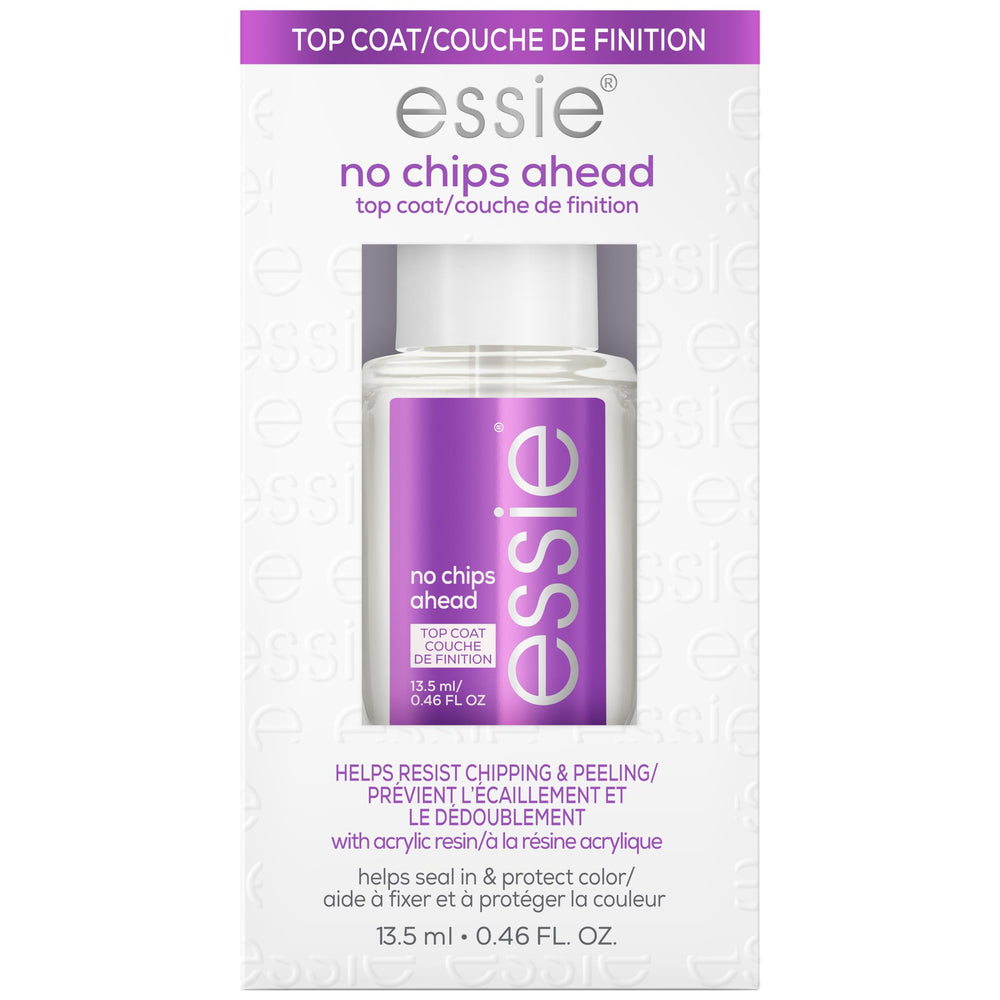 essie no chips ahead front view showing bottle and glossy finish benefit