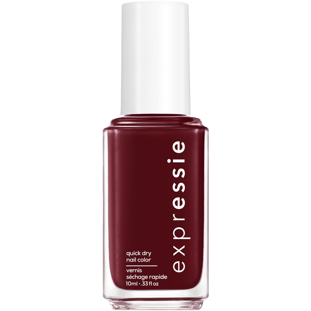 essie bottle front view showing blackened burgundy color and quick-dry benefit